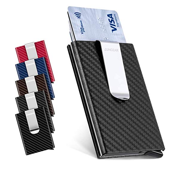 LunGear RFID Blocking Credit Card Holder with Money Clip Slim Carbon Fiber Minimalist Metal Wallet Up to 7 Cards