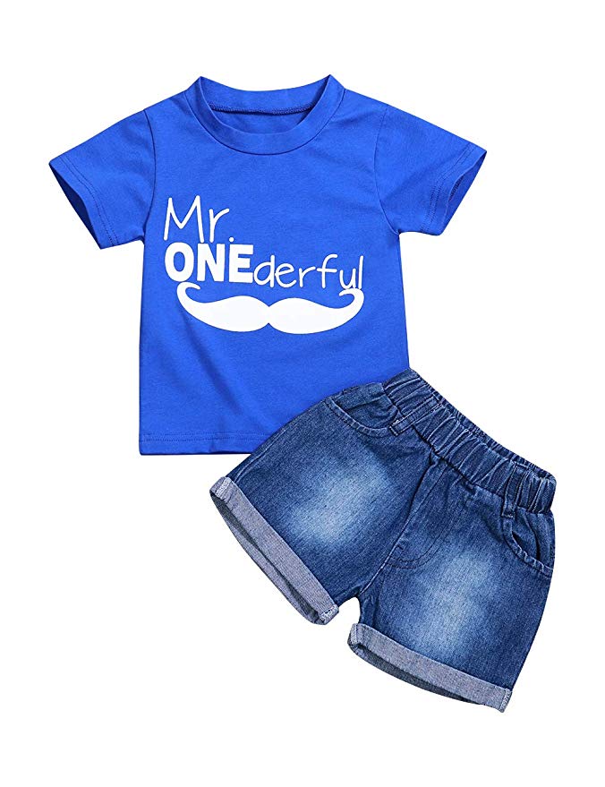 Toddler Baby Boy Clothes First Birthday Outfit Summer T-Shirt Denim Shorts Outfits Set Clothes