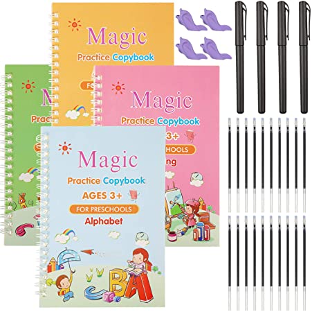 4 Pieces English Magic Practice Copybook Kids Reusable Calligraphy Copybook Handwriting Workbook for Preschoolers Number Alphabet Drawing Math Tracing Book Writing Paste Board with 4 Pens, 20 Refills