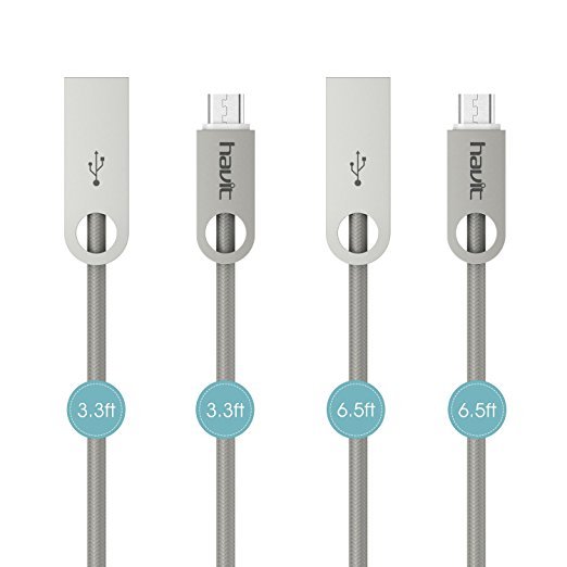 HAVIT Micro USB Cable,Zinc Alloy Connectors Nylon Braided High Speed USB 2.0 A Male to Micro B Sync and Charging Cables(3.3ft,6.6ft,Grey) for Samsung, HTC, Motorola, Nokia, Android, and More(HV-ST004)