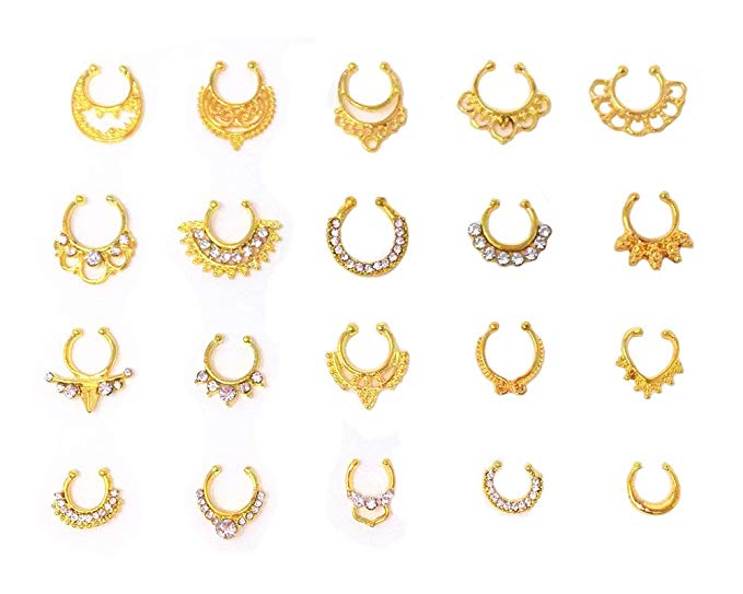 Honbay 20pcs Fake Septum Clicker Nose Ring Rhinestone Non Piercing Hanger Clip Body Jewelry (Gold)