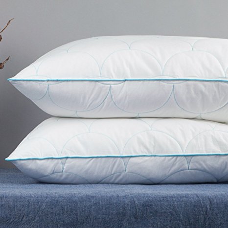 Set of 2, YSTHER Adjustable Height Down Alternative Bed Pillows, Cloud Quilted, 100% Cotton, Standard / Queen Size