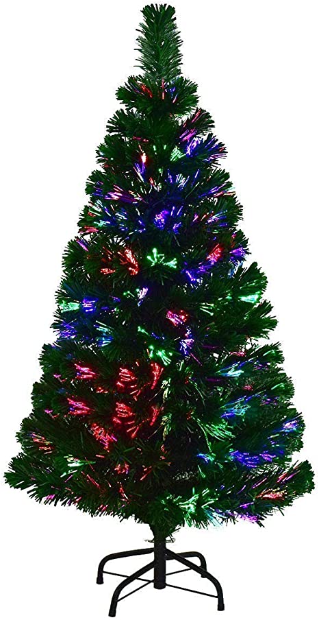 COSTWAY 4 FT Artificial PVC Christmas Pre-Lit Fiber Optic Tree with Metal Stand, Green