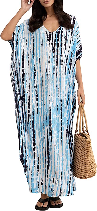 Bsubseach Women Print Beach Kaftan Dress Short Sleeve Plus Size Bathing Suit Cover Ups