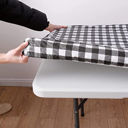 Vinyl Elastic Tablecloth for Folding Table - 6ft Rectangle Elastic Fitted Tablecloth Waterproof Oil-Proof PVC Table Cloth Stain-Resistant Wipeable (Black and White)