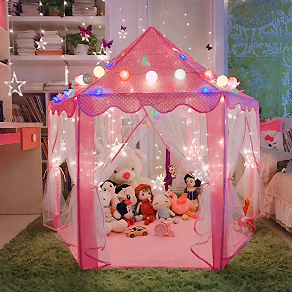 LOJETON Princess Tent Girls Large Playhouse Kids Castle Play Tent with Little Star String Lights, Children Indoor and Outdoor Games - 55'' x 53''(Pink)
