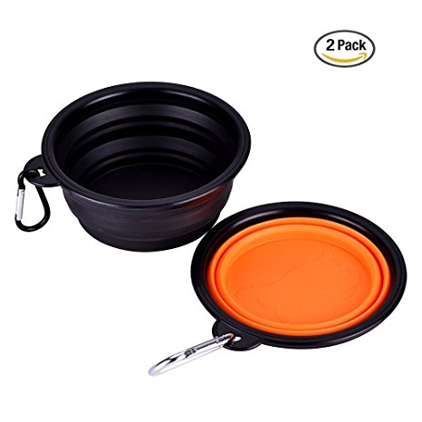 Golvery Collapsible Travel Dog Bowl, Food Grade Silicone BPA Free, Foldable Expandable Cup Dish for Pet Cat Food Water Feeding Portable Travel Bowl Free Carabiner - 2 of Pack -Black & Orange
