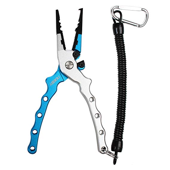 NOEBY Aluminum & Stainless Steel Fishing Pliers Braid Cutters Split Ring Pliers Hook Remover Fish Holder with Sheath and Lanyard