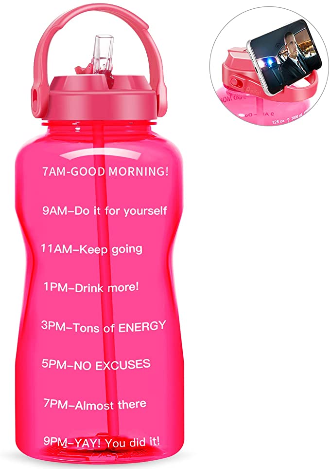 QuiFit Motivational Gallon Water Bottle - with Straw & Time Marker BPA Free 128/64 oz Large Water Jug Leak-Proof Durable for Fitness Outdoor Enthusiasts