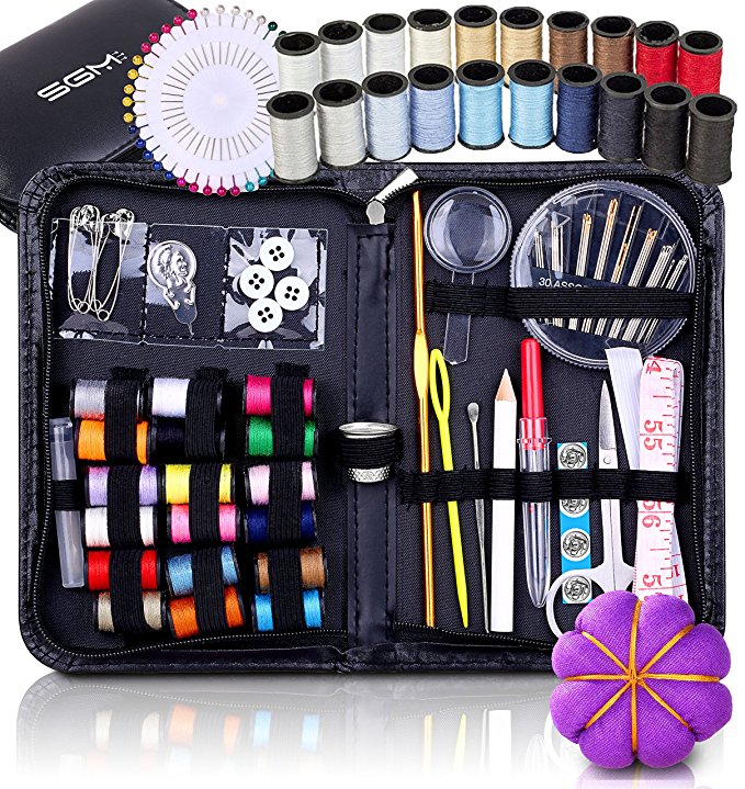 SGM Mini Art Sewing Kit with 120 Pieces including Bag, Thread Reels, Thimble, Scissors, Pin Cushion, etc; in Zippered PU Leather Case, Compact, Light Weight, Durable as Travel Kit Emergency DIY Sew
