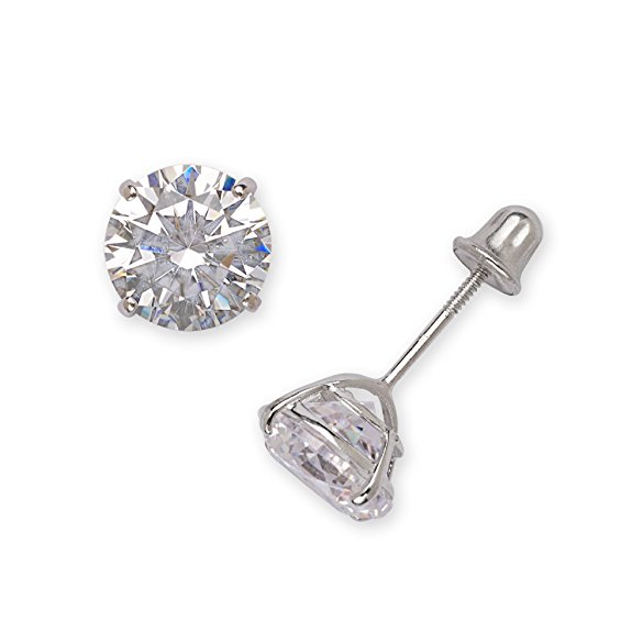 14k White Gold Solitaire Round Cubic Zirconia CZ Stud Screw-back Earrings (2mm-7mm)