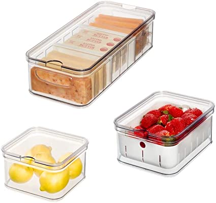 The Spruce by iDesign 3-Piece Plastic Refrigerator Organizer Bin Set with Lids, Clear/White