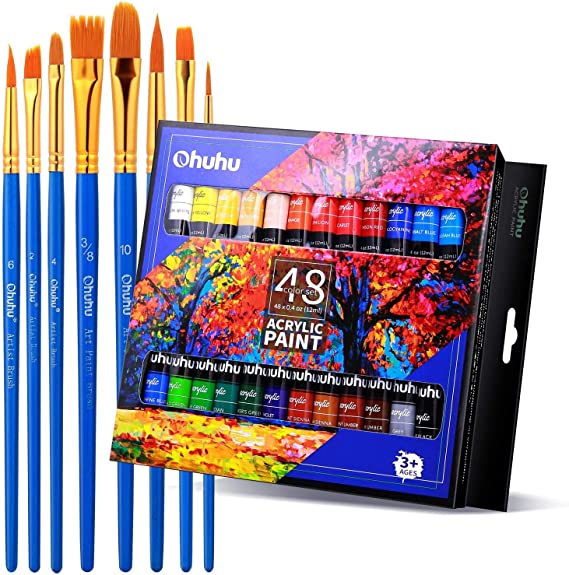 48 Acrylic Paint Set, Ohuhu 48 Colors Acrylic Paints Tubes with Brushes, Art Craft Paints Canvas Paints Wood Paint Rock Painting Art for Beginners Students Adults (12ml, 0.42oz Each)