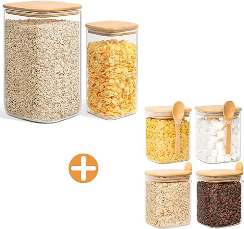 ComSaf Glass Pantry Storage Containers, 138/50 oz Large Square Flour and Sugar Containers with Airtight Lids, 31oz Glass Jars with Bamboo Lids & Spoons Set of 4 for Rice, Pasta, Cookies, Coffee Beans