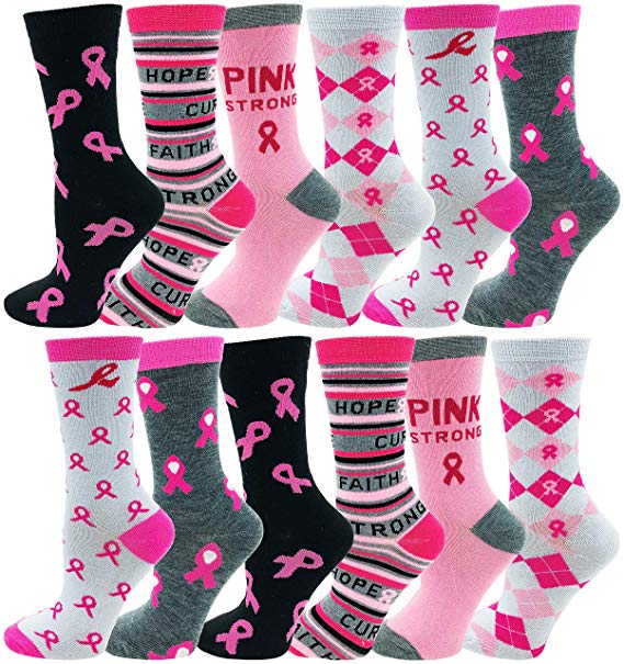 12 Pairs of Womens Breast Cancer Awareness Socks, Pink Ribbon Soft Sport Sock Bulk Pack Gift