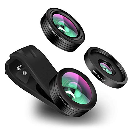 Phone Camera Lens Kaiess 3 in 1 with Shell Clip Phone Lens Kit 198° Fisheye Lens 120° Super Wide Angle with 15X Macro Lens Compatible with iPhon iPad Most Android Phones and Smartphones