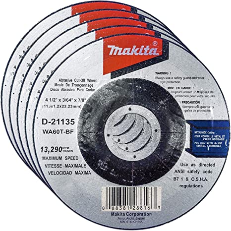 Makita 5 Pack - 4.5" Cut Off Wheels For Grinders - Flush Cutting For Stainless Steel & Metal - 4-1/2" x .045 x 7/8-Inch