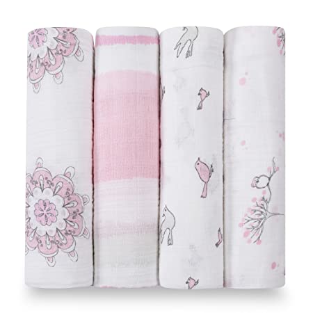 aden   anais Swaddle Blanket | Boutique Muslin Blankets for Girls & Boys | Baby Receiving Swaddles | Ideal Newborn & Infant Swaddling Set | Perfect Shower Gifts, 4 Pack, For the Birds