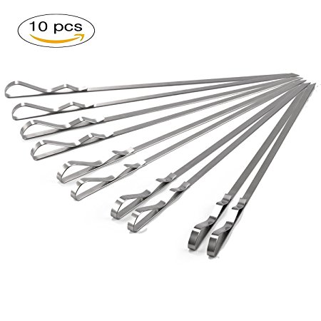 Kebab Skewers Sticks 43cm 10-Pack Metal BBQ Skewers 8mm Flat Superior Grilling Skewers Durable and Reusable Barbecue Tool (1 X Handy Storage Pouch Included )