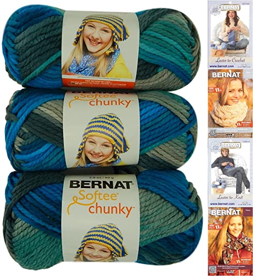 Bernat Softee Chunky Yarn Bundle Super Bulky No. 6, 3 Skeins, Deep Waters