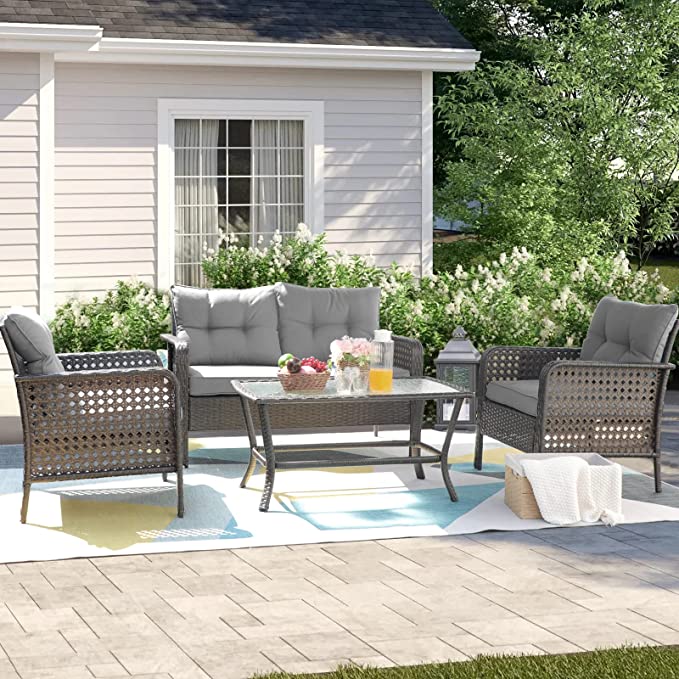 eclife 4 Pieces Outdoor Patio Furniture Set, All-Weather Sectional Rattan Wicker Conversation Sofa Couch Sets with Removable Cushions & Tempered Glass Tea Table, Grey