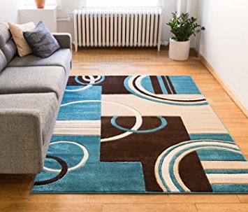 Echo Shapes & Circles Blue & Brown Modern Geometric Comfy Casual Hand Carved Area Rug 5x7 ( 5'3" x 7'3" ) Easy Clean Stain Fade Resistant Abstract Contemporary Thick Soft Plush Living Room Rug