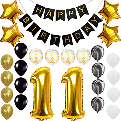 Happy 11th Birthday Banner Balloons Set for 11 Years Old Birthday Party Decoration Supplies Gold Black