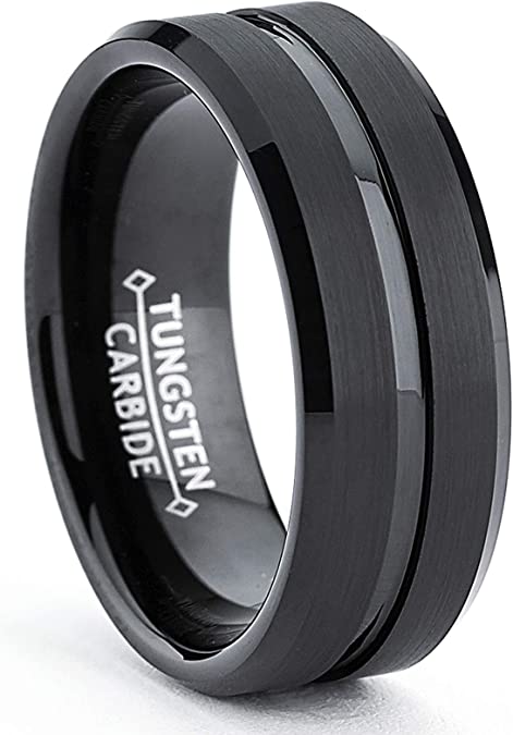 Black Men's Tungsten Carbide Ring Wedding Band, Grooved, Beveled Edge 8mm Sizes 7 to 15