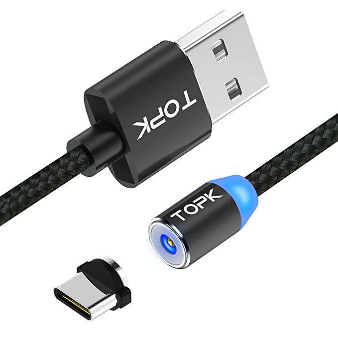 TOPK Magnetic USB Type C Charging Cable High Speed 2.4A Nylon Braid Charge Cords with LED Indicator Charging for Samsung S8/S8 , LG G5/G6, Nexus 5X/6P, Onplus 2/3T, Sony Xperia XZ, Huawei P9, Nokia N1, New MacBook 2015, ChromeBook Pixel, Nintendo Switch and More USB C Devices(3.3ft/1M Black)