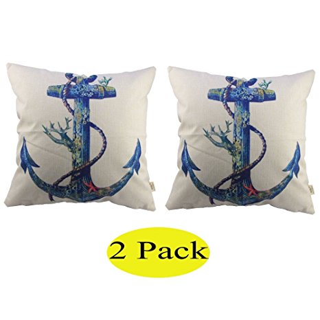 HOSL [2 pack] Cotton Linen Square Throw Pillow Case Decorative Cushion Cover Pillowcase for Sofa Blue Rusty Anchor with Coral 17.3 "X17.3 "(No Pillow)