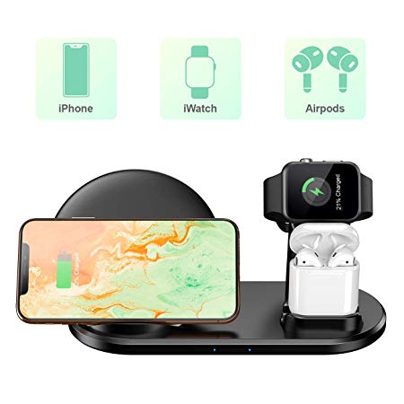 Wireless Charger, Wonsidary 3 in 1 Qi-Certified 10W Fast Charging Station Compatible Apple Watch Airpods iPhone 11/11pro/X/XS/XR/Xs Max/8/8 Plus, Wireless Charging Stand Compatible Samsung Galaxy S10