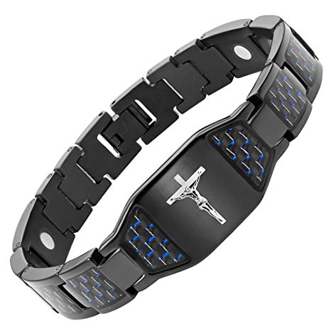 Willis Judd Men's Christian Jesus Crucifix Cross Blue Carbon Fiber Black Titanium Magnetic Bracelet Adjustable