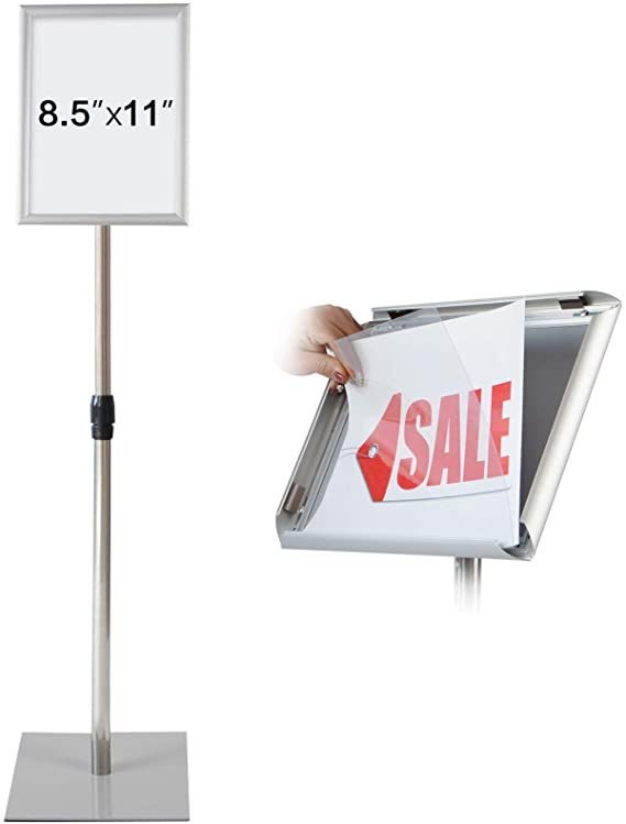 T-SIGN Adjustable Heavy Duty Pedestal Poster Stand, Square Steel Base 11 x 8.5 Inch Aluminum Snap Open Frame Vertical and Horizontal Displayed, Silver