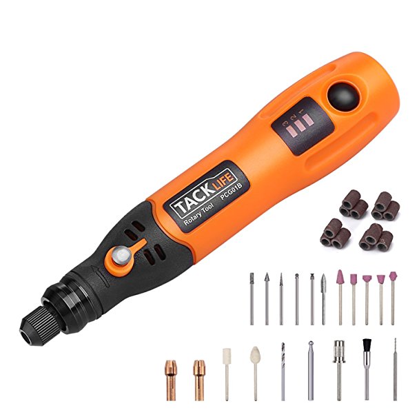 Tacklife PCG01B 3.7V Li-on Cordless Rotary tool -- Three-Speed with 31-Piece Rotary accessory Kit, USB charging Cable, Collet Size 3/32-inch(2.3mm) - Perfect for Small Jobs