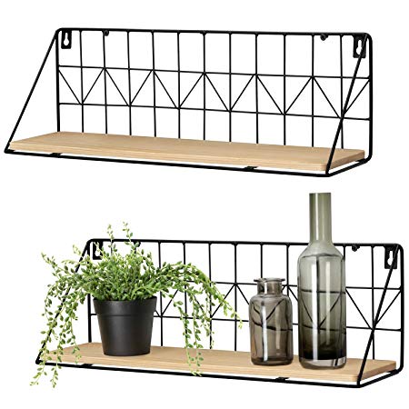 Mkono Wall Mounted Floating Shelves Set of 2 Rustic Metal Wire Storage Shelves Display Racks Home Decor, Large