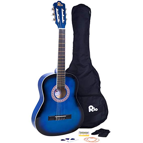 Rio 3/4 Size Blue Classical Guitar Pack For Kids beginners- Suit 9 To 12 Years - Inc Bag, Strap, Picks, Pitch Pipes - New