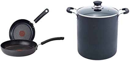 T-fal Ultimate Hard Anodized 2-Piece 10/12-Inch Cookware Set, Gray, E765S274 & B36262 Specialty Total Nonstick Dishwasher Safe Oven Safe Stockpot Cookware, 12-Quart, Black