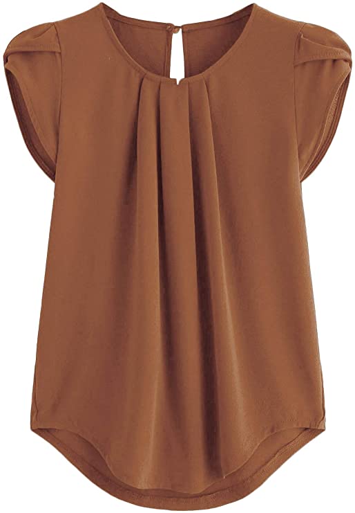 Milumia Women's Casual Round Neck Basic Pleated Top Cap Sleeve Curved Keyhole Back Blouse