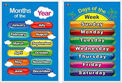 Days of the Week, Months of the Year,2 LAMINATED Educational Posters for Toddlers,17” X 23”