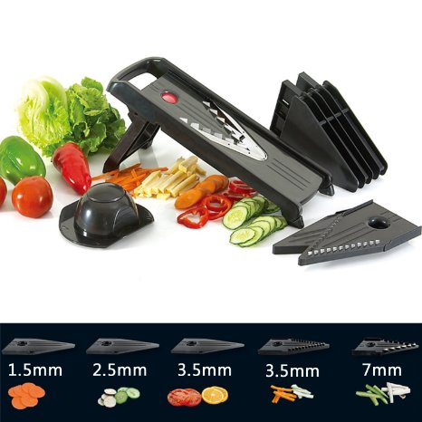 Rullaco Multi Mandolin Slicer - Vegetable Cutter Kithen Set - Food Holder and 5 V Stainless Steel Blades - Thin Thick Julienne Slicer, Cutter - Easy Chip for Potato Chips, Tomato, Carrot, Radish, Cucumber, Wire Cheese, Lime, Onion