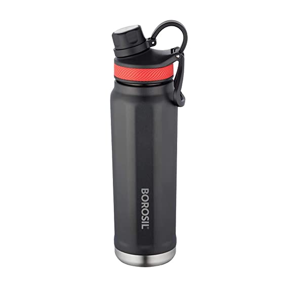 Borosil Stainless Steel Hydra SportSip - Vaccum Insulated Flask Water Bottle, 710 ML, Black