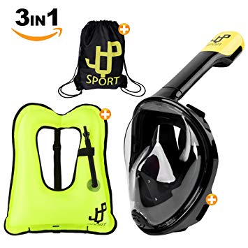 JQP Sports One Day Sale !!! 3 In 1 Set Full Face Snorkel Mask, Snorkel Vest & Carry Bag | 180° View, Anti-Fog & Anti-Leak Diving Mask | Inflatable Snorkeling Vest - By