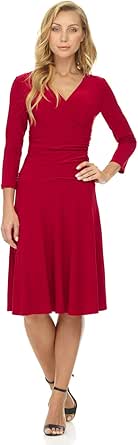 Rekucci Women's Slimming 3/4 Sleeve Fit-and-Flare Crossover Tummy Control Dress