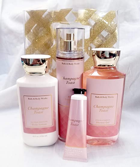 Bath and Body Works - Champagne Toast Body Care - Full Size 4 Piece Gift set   Random Gift Bag (Includes Fragrance Mist, Shower Gel, Lotion, and Hand Cream)