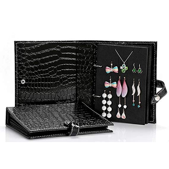 UnionPlus Croco Faux Leather 4-Page Earrings Jewelry Organizer Book(Large, Black)