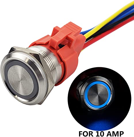 APIELE [3 Year Warranty] All New Design 10 Amp 22mm Momentary Push Button Switch 12V Angel Eye LED Waterproof Stainless Steel Round Self Reset 7/8'' 1NO 1NC (10 Amp/Blue Led)