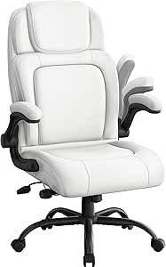 Yaheetech Faux Leather Executive Office Chair with Flip-up Armrests Large Cushioned Seat Task Chair Adjustable Ergonomic Desk Chair for Home Office White