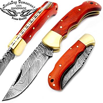 Orange Wood 6.5'' Handmade Damascus Steel Brass Bloster Folding Pocket Knife Back Lock 100% Prime Quality