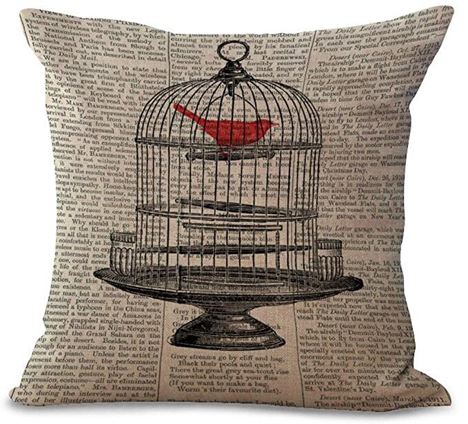 Retro Book Page Illustration Black Sketch Birdcage And Red Bird Cotton Linen Pillow Covers Cushion Cover Decorative Sofa Bedroom and Living Room Square 18 Inches