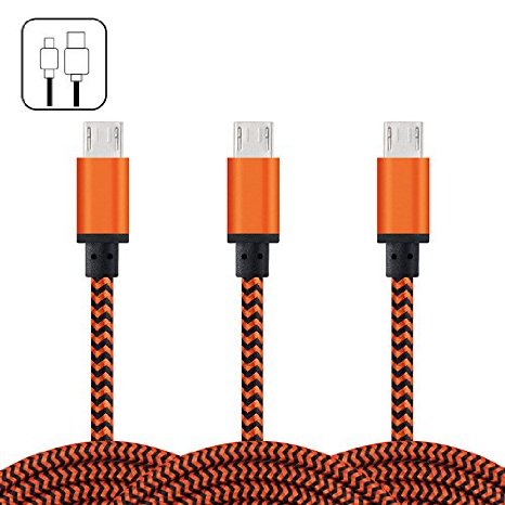 USB Cable, FiveBox 3-Pack Premium Nylon Braided 3FT High Speed USB 2.0 A Male to Micro B Sync Data & Charge Cable for Android, Samsung Galaxy S7, S6, PS4, HTC, LG, Sony, Blackberry and More, Orange